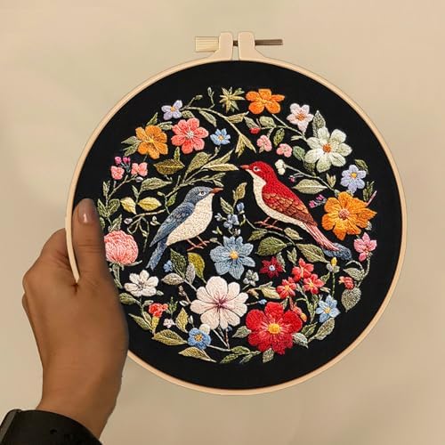 FONNUY Embroidery Kit for Beginners, Birds with Flowers Pre-Stamped Pattern Kits for Adults with Hoop, Easy to Follow Color Thread Needlework, 8'' Hoop (Red) - Image 5