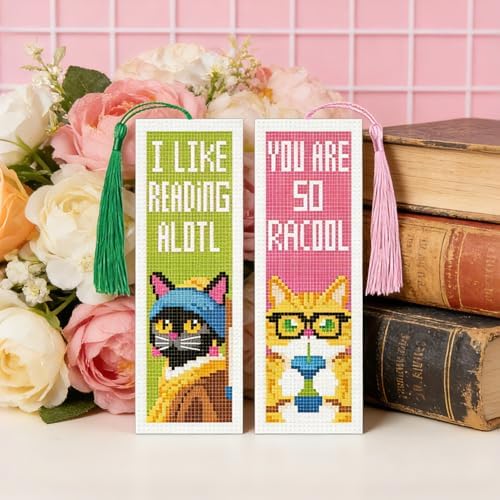INFUNLY 6 Pcs Cat Quotes Stamped Embroidery Bookmark 8.5x3 inch Cartoon Kitten Stamped Cross Stitch Kit for Adults DIY Reading Quote Stitch Bookmarks Kit for Readers Writers Craft Gift - Image 6