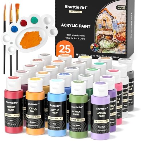 Shuttle Art Acrylic Paint Set, 25 Vintage Colours, 2oz/60ml Bottles, Rich Pigmented, Premium Acrylic Paints for Artists, Beginners and Kids on Rocks Crafts Canvas Wood Ceramic by ShuttleArt