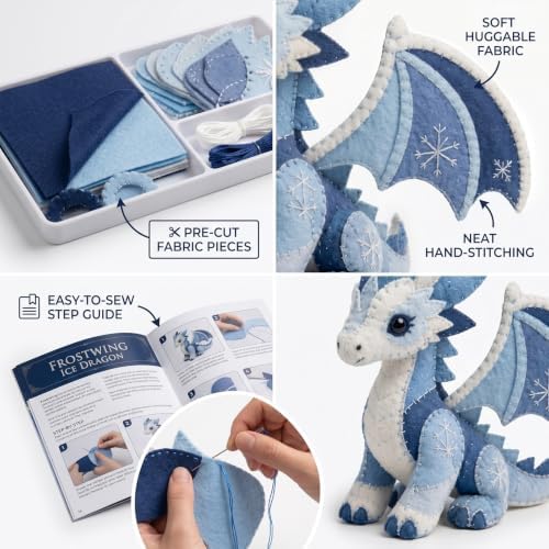 Winter Guardians DIY Patchwork Kit, Felt Animal Sewing Kit for Adults & Beginners, 3D Stuffed Mythical Creature Needle and Thread Kit Craft Sewing Project Kits fo (Ice Dragon) - Image 5