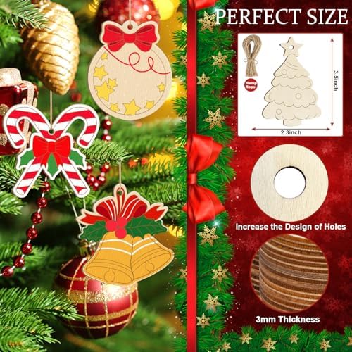 80PCS Wooden Christmas Ornaments to Paint, 8 Styles DIY Blank Unfinished Wood Reindeer Santa Claus Christmas Tree Ball Snowman Snowflake Angel Cutouts Ornament for Crafts Winter Hanging Decorations - Image 7