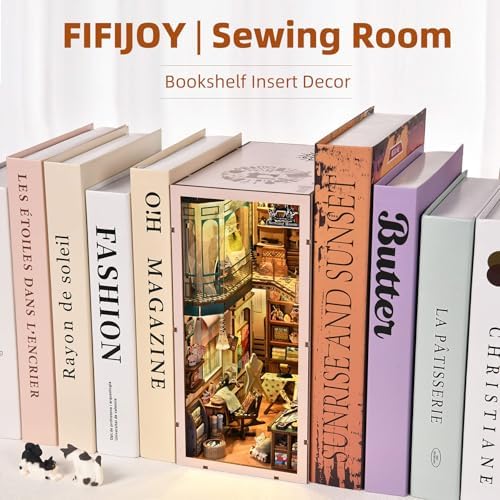 fifijoy Sewing Room Book Nook Kit - DIY Miniature Dollhouse for Adults and Teens, Booknook Tiny House Bookshelf Decor 3D Wooden Puzzle with LED Light, Gift for Family and Friends - Image 2