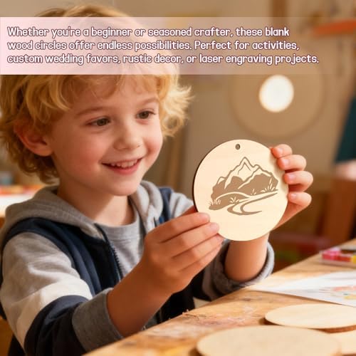 FSWCCK 50 Pcs 4in Wood Circles with Holes & Ropes, Unfinished Discs for DIY - Image 4