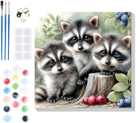 Bowetile Baby Raccoons Paint by Numbers Kit for Adults, Framed Painting by Numbers Animals, Adults' Paint-by-Number Kits on Canvas, Acrylic Number Painting for Nursery Home Wall Decor, 8x8in by BOWETILE