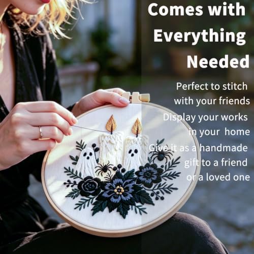 FONNUY Halloween Embroidery Kits for Beginners,Skull Pumpkin Spider Web Floral Stamped Cross Stitch Kit for Adults, Spooky Season Boho Wall Decor, 8'' Hoop (Candles) - Image 3