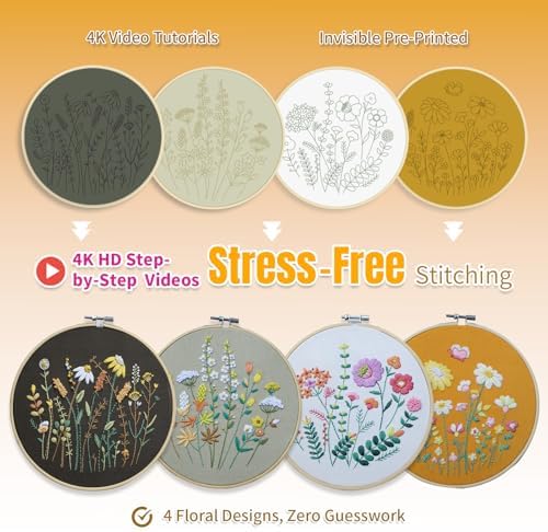 ETSPIL Embroidery Kit for Beginners, 2 Hoops, 4K Video, 4 Floral Patterns - Image 6