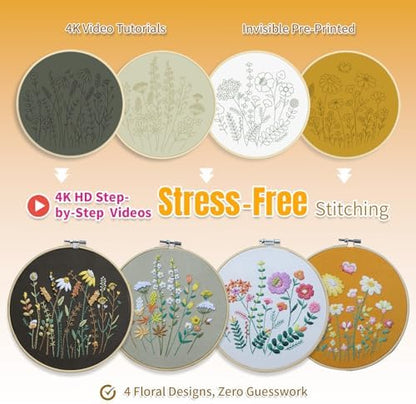 ETSPIL Embroidery Kit for Beginners, 2 Hoops, 4K Video, 4 Floral Patterns - Image 6