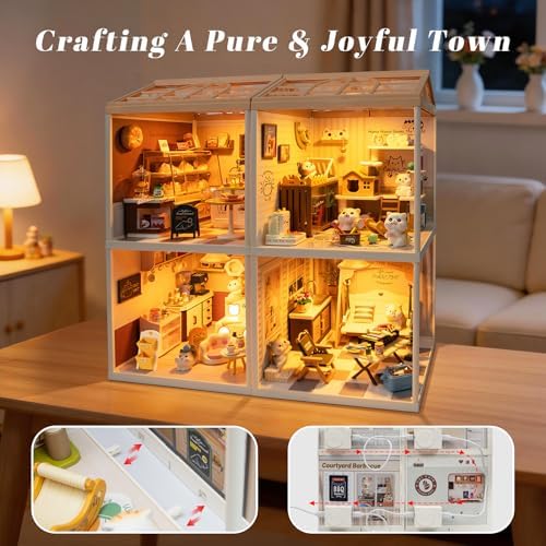 Cat Cafe Miniature House Kit with LED Light, DIY Mini Dollhouse with Roof & Dust Covers for Mini Figures Tiny House Toy for Adults Kids Girls - Image 4