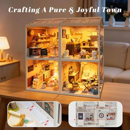 Cat Cafe Miniature House Kit with LED Light, DIY Mini Dollhouse with Roof & Dust Covers for Mini Figures Tiny House Toy for Adults Kids Girls - Image 4