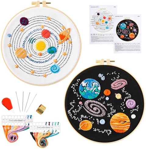 Armindou Embroidery Kit for Adults Beginners, Hand Embroidery Starter Kit with Solar System Patterns, Counted Stamped Cross Stitch Needlepoint Kit for Beginner Adult, 2 Set Embroidery Supplies/Hoop by Armindou
