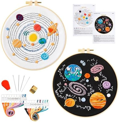 Armindou Embroidery Kit for Adults Beginners, Hand Embroidery Starter Kit with Solar System Patterns, Counted Stamped Cross Stitch Needlepoint Kit for Beginner Adult, 2 Set Embroidery Supplies/Hoop by Armindou