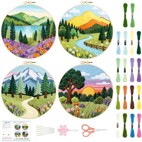 BEUNITONE 4 Set Forest Pattern Embroidery Kit for Adult Beginners Scenery Pre-Printed Designs Cross Stitch Kits, Needlepoint Kits for Adults, Handmade Embroidery for Home Decor 20x20cm by BEUNITONE