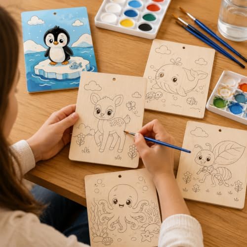15 Pcs Unfinished Wood Crafts to Paint for Adults, 5.9x4.7 Inch Animal Paintable Wood Slices Craft Supplies with Ropes, Bulk Predrilled Wooden Ornaments for DIY Painting Craft Decor - Image 7