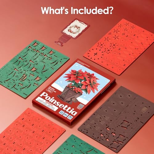 ROBOTIME 3D Wooden Poinsettia Puzzle - with Flower Pot Base, Adjustable Stem, Christmas Home Desk Decor, DIY Craft Kit for Adults - Image 2
