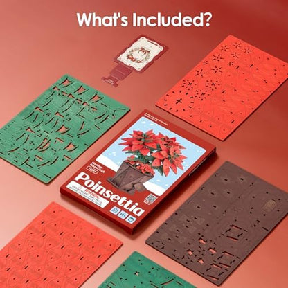 ROBOTIME 3D Wooden Poinsettia Puzzle - with Flower Pot Base, Adjustable Stem, Christmas Home Desk Decor, DIY Craft Kit for Adults - Image 2