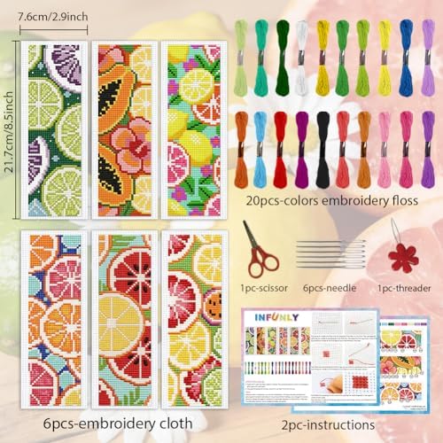 INFUNLY 6Pcs Lemon Cross Stitch Bookmark Kit 3x8.5 Inch/7.6x21.6cm Stamped Embroidery Starter Set with 20 Color Floss Cotton Linen DIY Needlepoint Bookmark for Book Lovers Gift, Colorful - Image 2