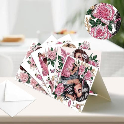 antor 6 Pack 5D Diamond Painting Greeting Cards, Elegant Woman with Floral Design DIY Diamond Art Cards with Envelopes, Handmade Rhinestone Birthday Wedding Thank You Cards for Adults - Image 4