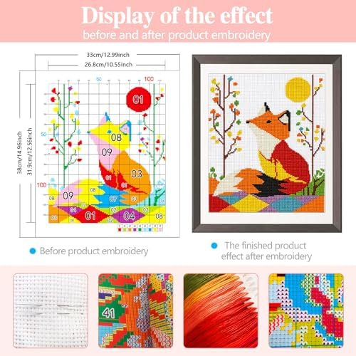 Zhenqing Geometric Red Fox Stamped Cross Stitch Kit for Adults Beginners, 11CT Printed Cross Stitch on White Cotton Fabric, Woodland Animal DIY Needlework Home Decor (66158) - Image 3