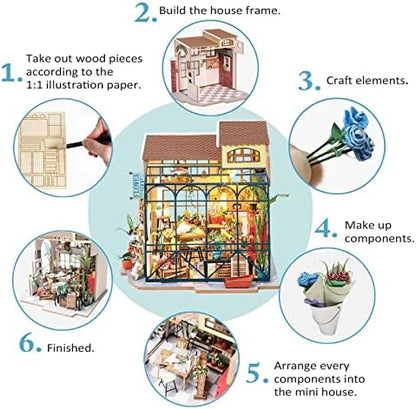 Rolife DIY Miniature Doll House Kit with Furniture for Children Adult Wooden Kits Toy (Emily's Flower Shop) - Image 4