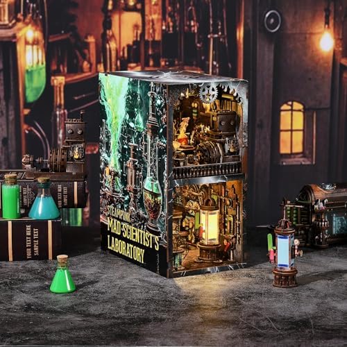 fifijoy Book Nook Kit - DIY Miniature House Dollhouse Kit for Adults and Teens, Steampunk Booknook Tiny House Bookshelf Decor 3D Wooden Puzzle (Mad Scientist Lab) - Image 2
