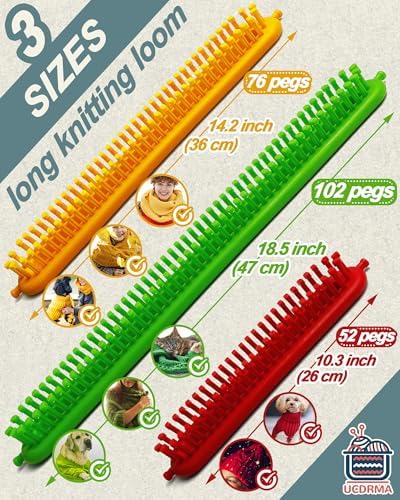 UCDRMA Upgraded Adjustable-Pegs Loom Knitting Kit (Pre-Installed Pegs), 2-in-1 Knitting Loom Set Quick Crochet Loom with 12 Yarn & Instructions & Pom Pom Maker, Scarf Loom Crochet Kit for Beginners - Image 5