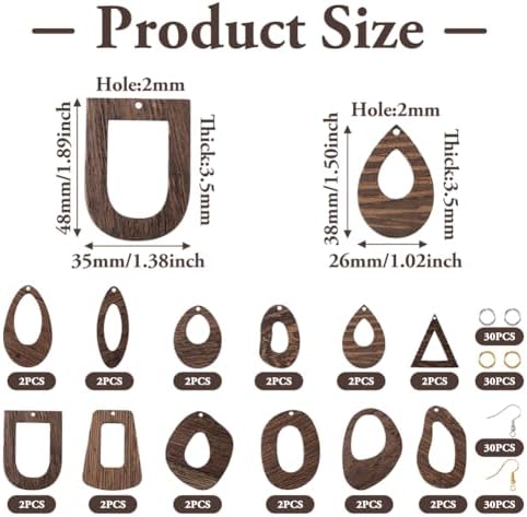 24pcs Wooden Earring Charms Kit Large Natural Wooden Pendants in Teardrop Oval Triangle Horse Eye Shape with Ear Hooks Jump Rings for Boho Earring DIY Jewelry Making - Image 3
