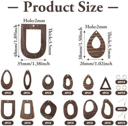 24pcs Wooden Earring Charms Kit Large Natural Wooden Pendants in Teardrop Oval Triangle Horse Eye Shape with Ear Hooks Jump Rings for Boho Earring DIY Jewelry Making - Image 3