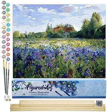 Figured'Art Paint by Numbers Kit for Adults Countryside Field and Blue Flowers 16"x20" - Craft Art Painting Rolled Canvas with DIY Wooden Frame by FiguredArt