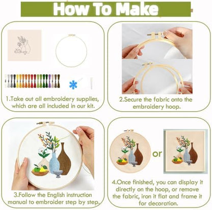 5 Pack Bohemian Beginner Embroidery Set, Floral Vase Design, Complete Threads & Tools with Guide, DIY Home Decoration & Gift - Image 6