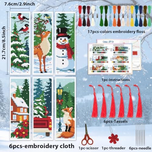 ACRNIGHEET 6PCS Cross Stitch Bookmark Kit (Winter Forest Pattern) - Image 2