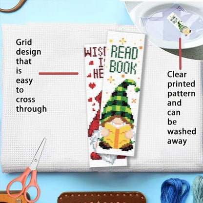 FREEBLOSS 6 Set Cross Stitch Bookmark Kit 11 CT Stamped Cross Stitch Kit DIY Embroidery Bookmark Kits for Adult Beginners with Instructions, Gnome Pattern, 6 x 20 cm/8" x 2.4" - Image 3