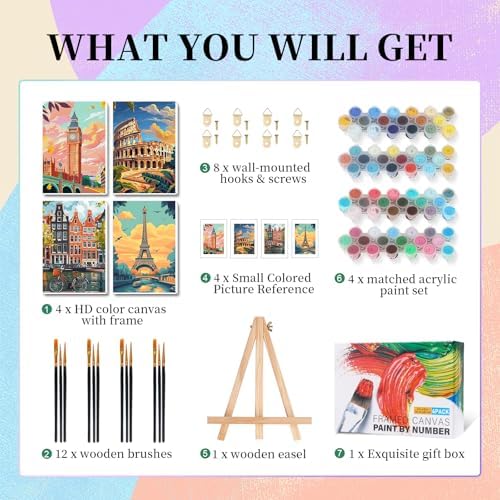 Camocin 4 Pack Framed Paint by Numbers Kit for Adults with Wooden Easel - Image 4