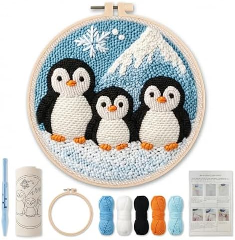 ZMHKJZDQ Punch Needle Kits for Beginners,DIY Punch Needle Embroidery with Fabric, Hoops, Yarns and Sewing Needles for Adults Children Festival Gift and Home Decor, 20x20cm (Penguin) - Image 2