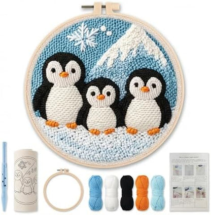 ZMHKJZDQ Punch Needle Kits for Beginners,DIY Punch Needle Embroidery with Fabric, Hoops, Yarns and Sewing Needles for Adults Children Festival Gift and Home Decor, 20x20cm (Penguin) - Image 2