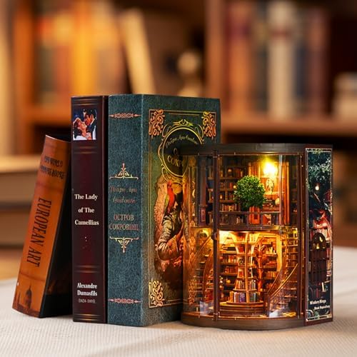 Book Nook Kit for Adult-3D Wooden Puzzles Miniature Library Bookshelf Insert Bookend Decor，Adult Miniature Model with LED Light and Dust Cover, Touch Switch, Adult Craft Kits Gift - Image 2