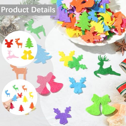 SUNNYCLUE 300Pcs 5 Styles Christmas Embellishments Felt Shapes Random Mixed Colorful Non Woven Fabric Holiday Xmas Tree Bell Deer Shape Handmade Ornaments for DIY Craft Sewing Clothes Bags Decoration - Image 3