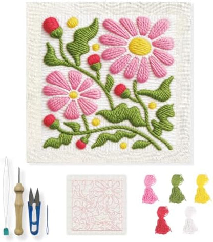 INFUNLY Boho Flower Punch Needle Kit, DIY Punch Needle Embroidery Kit for Adult Beginners 9.4x9.4 inch Complete Needlework Craft Supplies with Pre-Printed Floral Fabric & Threads by INFUNLY