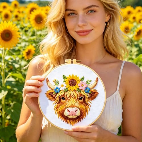BEUNITONE 4pcs Embroidery Kit, Highland Cow & Sunflowers Stamped Embroidery Kits with Hoop, Thread & Needles, Colorful Cross Stitch Kits Sewing Gifts for Adults and Beginners, DIY Craft for Relaxation - Image 5