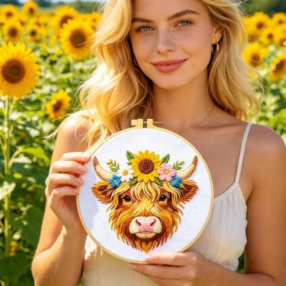 BEUNITONE 4pcs Embroidery Kit, Highland Cow & Sunflowers Stamped Embroidery Kits with Hoop, Thread & Needles, Colorful Cross Stitch Kits Sewing Gifts for Adults and Beginners, DIY Craft for Relaxation - Image 5