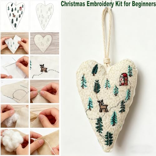 DIY Heart Shaped Hand Embroidered Christmas Ornament Kit Complete Craft Set with Pre-Printed Fabric Embroidery Thread Holiday Cross Stitch Decor for Beginners Adults and Home Decor (Finished product) - Image 3