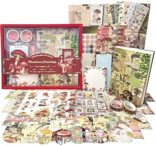 BoomTeck Vintage Scrapbooking Kit – Aesthetic Junk Journal Supplies with Scrapbook Paper, Washi Stickers, A6 Grid Notebook, DIY Craft Journaling Gift Set for Teens & Adults (Mushroom Theme) by Unknown