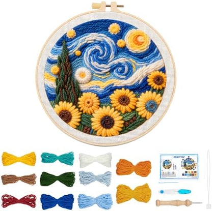 BEUNITONE Starry Sky Scenery Punch Needle Kit for Adults Beginners, Complete Embroidery Craft Kits with Needle, Hoop and Easy to Follow Instructions, Create Home Decor, Wall Hanging Art Making 20x20cm by BEUNITONE