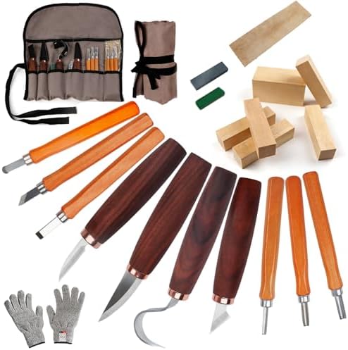 21-Piece Wood Carving Tools Kit - Complete Whittling Set with Detail Knives, Hook Knives, Sharpening Stone, Basswood Blocks & Cut Resistant Gloves for Beginner & Advanced Wood by CUITASTE