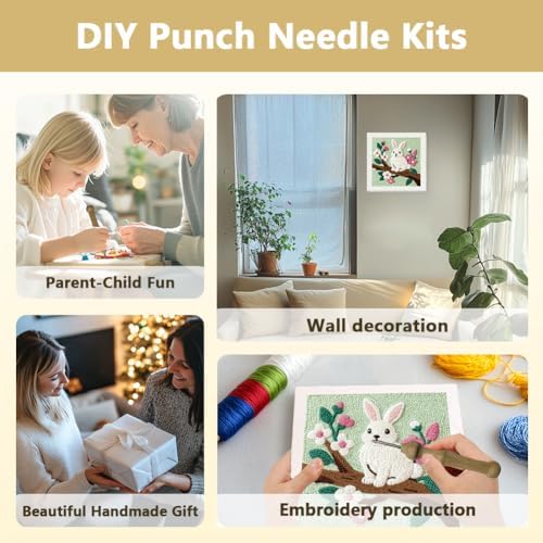 Doodlream Rabbit On Branch DIY Punch Needle Embroidery Kit for Adult Beginner, 9.4" Bunny Flower Punch Stitching Craft Set for Starter with Frame,Fabric Pattern,Threader, Yarn, Pinch Needle - Image 4