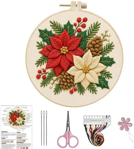 DIYDeligths Christmas Embroidery Kit for Beginners Adults Pre Printed Pattern Hand Needlepoint Craft DIY Art Set with 7.87in Hoop Needle Threads Instructions (Poinsettia) by DiamondPaintingOrnament