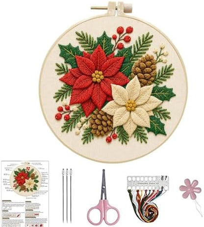 DIYDeligths Christmas Embroidery Kit for Beginners Adults Pre Printed Pattern Hand Needlepoint Craft DIY Art Set with 7.87in Hoop Needle Threads Instructions (Poinsettia) by DiamondPaintingOrnament