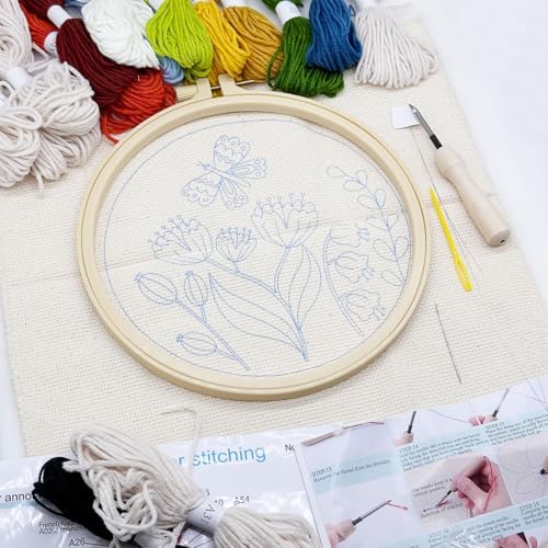 Allazone 3 Set Embroidery Starter Kits for Beginner, Butterfly and Bird Punch Needle Kit with Instruction, Plastic Hoop, Yarns and Embroidery Handle Needle Pen - Image 6