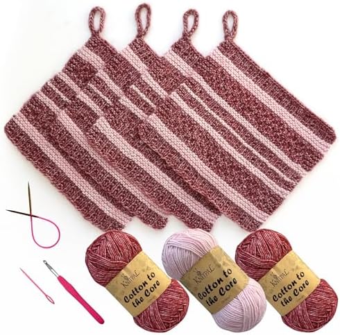 KnitPal Dishcloth Knitting Kit for Beginners (Cherry Red + Blush Pink) by KnitPal