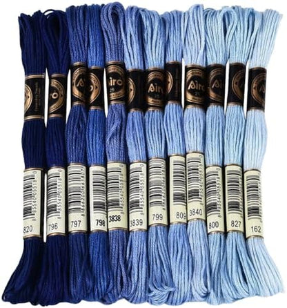105 Yards 12 Skeins Gradient 6 Strands Marine Blue Cross Stitch Thread Polyester Variegated Embroidery Floss Friendship Bracelet String Assorted Bulk for Hand Sewing Making Knitting Supply by CABODYALS