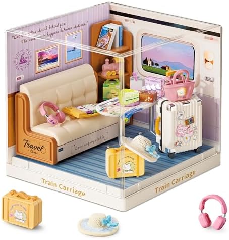 Train Carriage Miniature House Kit, Plastic DIY Dollhouse with Cozy Sofa & Travel Gear, Stackable Transparent Dust Cover, Creative Desktop Decor for Adults Teens by BeepZipp
